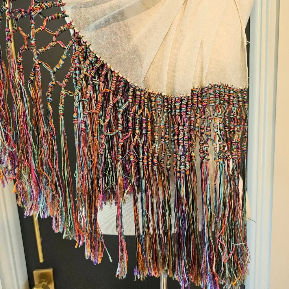 Cream Sheer Scarf with Rainbow Macrame Hand Knotted Tassel Fringe Boho 96 Inch